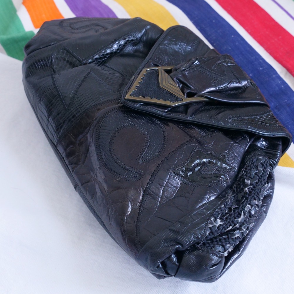 Vintage 80s Sharif black leather patchwork clutch/crossbody bag - Picture 2 of 8